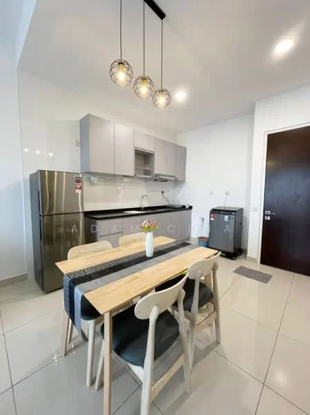 Kitchen features: grey cabinetry, black countertop, stainless-steel fridge, built-in sink, chrome faucet, pendant lighting with three bulbs, white tiled backsplash, ceramic tile flooring, dining table with four chairs, wall-mounted cabinets, open shelving, window, kitchen appliances visible; style: modern.