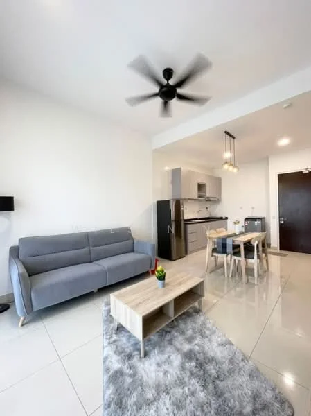 Living features: 3-seater fabric sofa in grey, coffee table, area rug with geometric pattern, 5-blade ceiling fan with light, wall-mounted TV, tile flooring, white painted walls, recessed downlights; style: modern. Dining features: 4-seater dining table, wooden dining chairs, pendant lighting, kitchen area visible, stainless-steel fridge, built-in oven, freestanding range oven; style: modern.