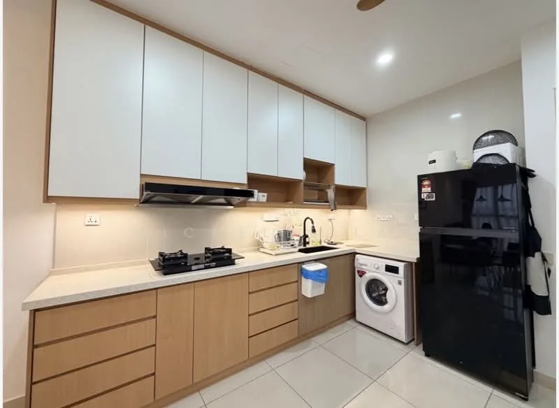 Kitchen features: white upper cabinets, wood lower cabinets, light-colored countertop, stainless-steel sink, chrome pull-down faucet, built-in gas hob, black refrigerator, front-load washing machine, tile flooring, recessed downlights, wall-mounted range hood, kitchen utensils on countertop; style: modern.