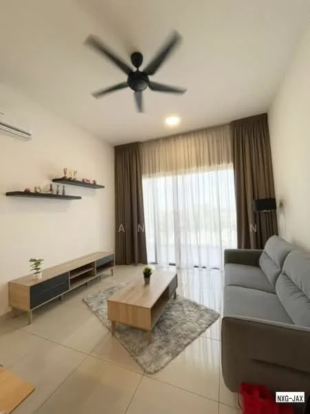 Living features: grey fabric sofa, wooden coffee table, TV console with storage, area rug with geometric pattern, 5-blade ceiling fan with light, floor-to-ceiling windows, sheer curtains, wall-mounted shelves, tile flooring, decorative plant; style: modern; view: garden.