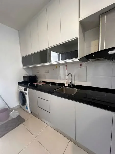 Kitchen features: white cabinetry, black countertop, stainless-steel sink, chrome pull-down faucet, built-in oven, stainless-steel range hood, ceramic tile flooring, washing machine, mirror backsplash, under-cabinet lighting; style: modern.
