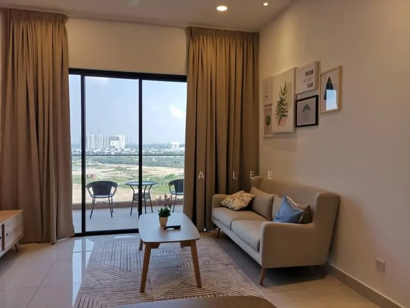 Living features: light grey fabric sofa, wooden coffee table, area rug with geometric pattern, floor-to-ceiling sliding glass door, curtains in beige, framed artwork on walls, decorative plant on table, wall-mounted decor, tile flooring; style: modern; view: city.