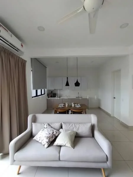 Living features: 3-seater fabric sofa in light grey, decorative cushions, ceiling fan, wall-mounted air conditioning unit, large window with roller blinds, neutral painted walls, tile flooring, recessed ceiling lights; style: modern. Dining features: 4-seater wooden dining table, wooden dining chairs, pendant lighting above dining table, neutral painted walls, tile flooring; style: modern.