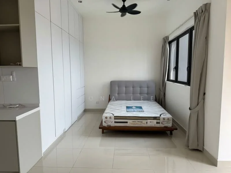 Bedroom features: queen-size bed, upholstered headboard, built-in wardrobe with white finish, floor-to-ceiling window, grey curtains, ceiling fan, white painted walls, glossy tile flooring; style: modern.