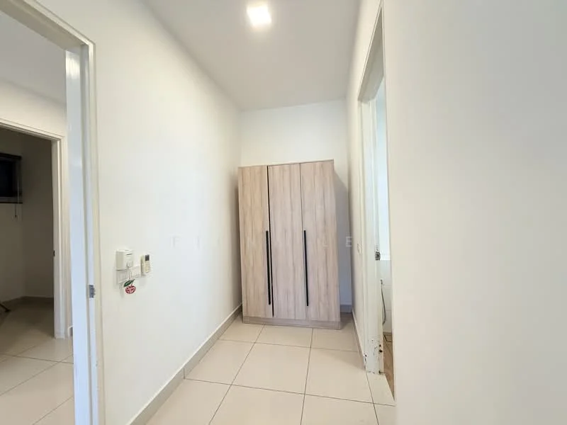 Room features: white painted walls, light-colored tiled flooring, built-in wardrobe with two doors, recessed ceiling lights, doorway leading to another room, doorway leading to bathroom, wall-mounted electrical panel, neutral color scheme; style: modern.