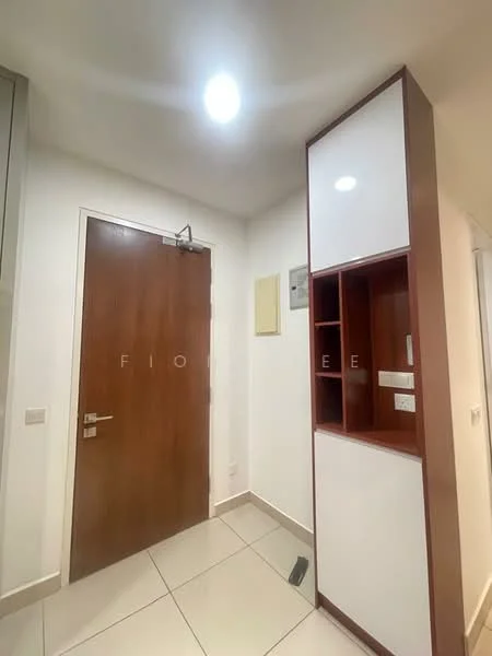 Room features: white painted walls, light-colored tiled flooring, wooden door, built-in cabinet with open shelving, wall-mounted electrical panel, ceiling light fixture; style: modern.
