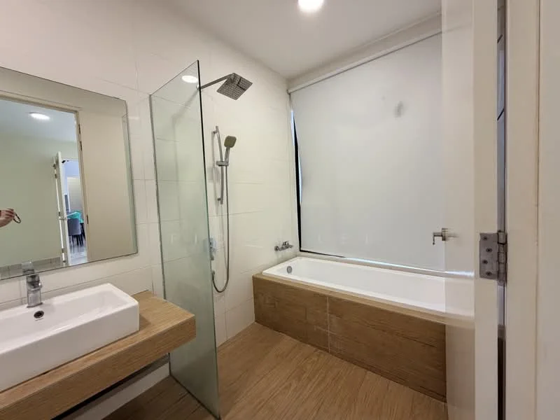 Bathroom features: single-sink vanity with wood cabinet, chrome basin mixer, framed mirror, walk-in shower with glass enclosure, rain shower head, freestanding bathtub, tile cladding to half wall, wood-look tile flooring, roller blinds, wall-mounted shower controls; style: modern.