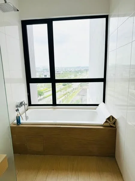 Bathroom features: bathtub, wooden bathtub surround, black framed window, city view, chrome faucet, shower head, white tiled walls, light wood flooring; style: modern; view: city.