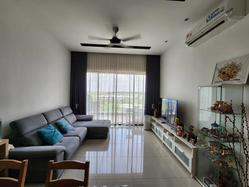 Living features: 3-seater fabric sofa in grey, L-shape sectional sofa, ceiling fan, wall-mounted TV, TV console, white cabinetry, large sliding glass door, sheer curtains, tile flooring, decorative display cabinet, area rug, natural light from windows, view of the outside, recessed downlights; style: modern; view: city.