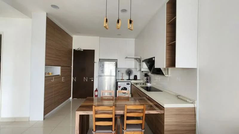 Kitchen features: white cabinetry, wooden cabinetry, stainless-steel fridge, built-in oven, 4-burner gas hob, stainless-steel range hood, white countertop, pendant lighting, dining table with 4 wooden chairs, ceramic tile flooring, wall-mounted kitchen shelf, fire extinguisher, kitchen sink; style: modern.