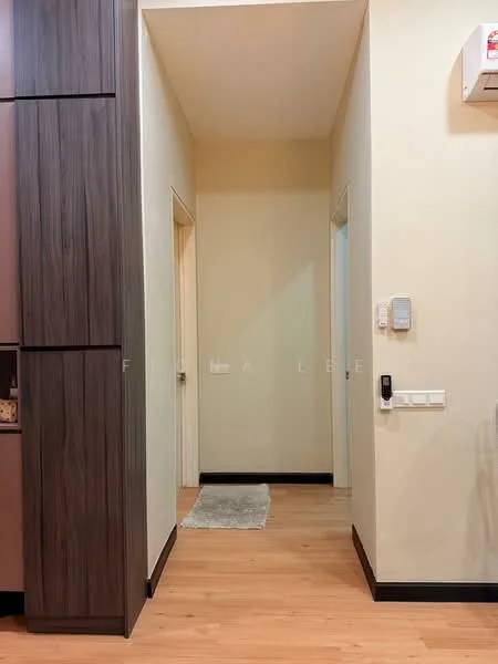 Room features: light beige painted walls, wooden flooring, recessed lighting, wall-mounted air conditioning unit, white door frames, carpet mat, narrow hallway, built-in cabinetry with dark wood finish; style: modern.