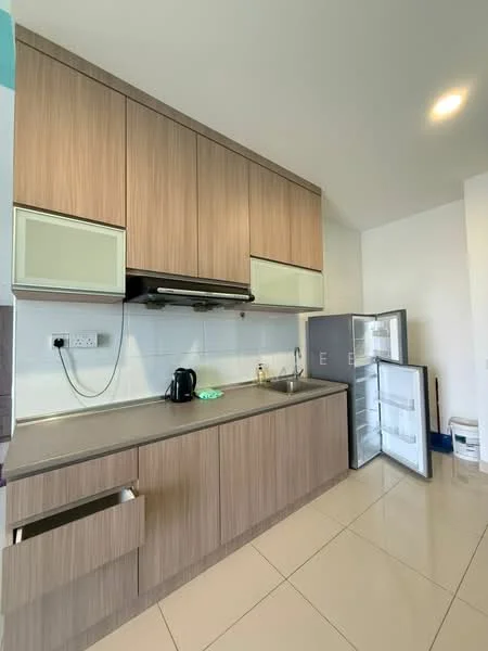 Kitchen features: laminate cabinetry in wood finish, grey countertop, stainless-steel sink, chrome pull-down faucet, built-in range hood, freestanding fridge, ceramic tile flooring, white tiled backsplash, kettle, open shelving, under-cabinet lighting; style: modern.