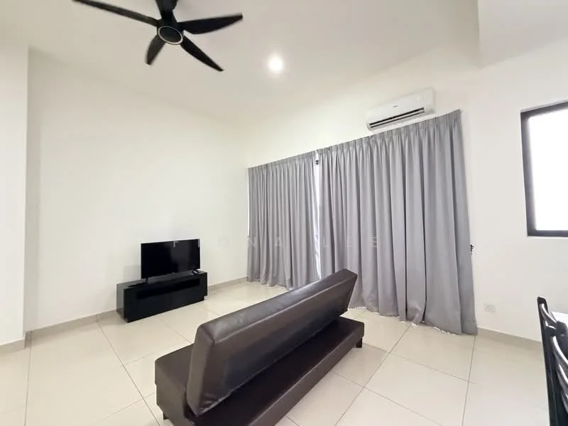 Living features: light-coloured walls, grey curtains, floor-to-ceiling window, ceiling fan, wall-mounted TV, black TV console, brown leather sofa, tile flooring, air conditioning unit; style: modern.