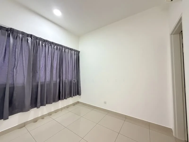 Room features: white painted walls, grey curtains, tile flooring, recessed downlights.