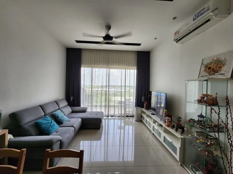 Living features: 3-seater fabric sofa in grey, ceiling fan, wall-mounted TV, TV console, large windows with sheer curtains, white painted walls, glossy tile flooring, decorative display cabinet, area rug, decorative artwork, light-colored curtains, air conditioning unit; style: modern; view: city.