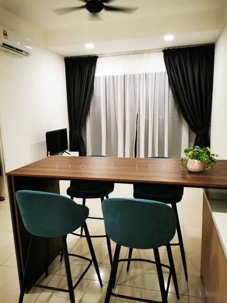 Dining features: bar-height dining table, 3 bar stools with teal upholstery, white walls, black curtains, sheer curtains, recessed downlights, wall-mounted air conditioning unit, tile flooring; style: modern.