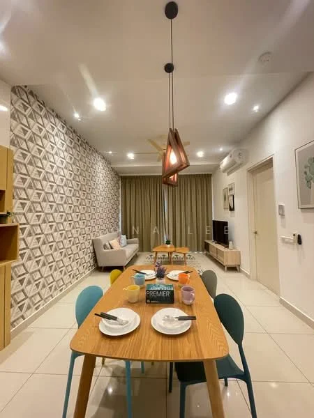 Dining features: wooden dining table, 4 dining chairs in different colors, decorative pendant light, wall-mounted air conditioning unit, geometric patterned accent wall, cream painted walls, white tiled flooring, window with sheer curtains, decorative wall shelving, table setting with plates and cups; style: modern. Living features: sofa against the wall, decorative cushions, TV console, wall-mounted TV, light-colored curtains; style: modern.