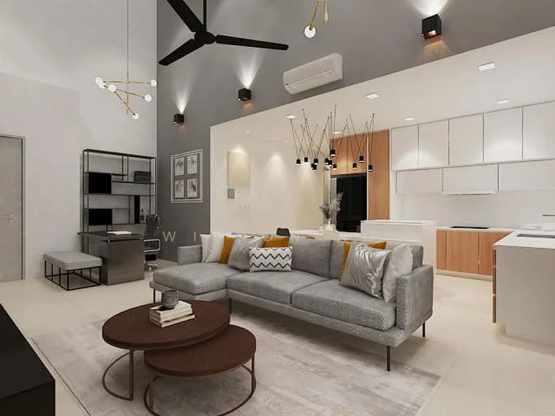 Living features: 5-blade ceiling fan with integrated LED light, sofa in grey fabric, coffee table with round design, area rug with neutral color, wall-mounted TV, entertainment unit, decorative cushions in various colors, recessed downlights, white painted walls, open kitchen layout, kitchen island with wooden cabinetry, pendant lighting over kitchen island, stainless-steel appliances; style: modern.