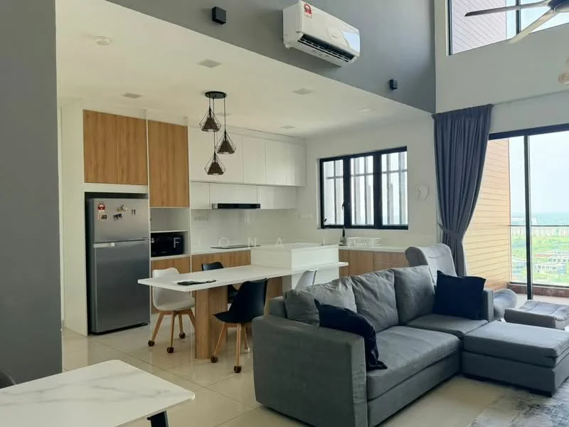 Living features: grey fabric sectional sofa, white coffee table, floor-to-ceiling windows, curtains, recessed downlights, 5-blade ceiling fan, wall-mounted split AC, decorative wall clock, area rug, open-plan layout with kitchen, wooden flooring, TV console; style: modern; view: city. Kitchen features: white cabinetry, stainless-steel fridge, built-in oven, ceramic cooktop, white quartz countertop, pendant lighting, breakfast bar with stools, open shelving, sink, dishwasher; style: modern.