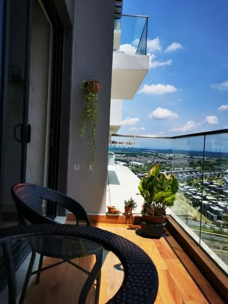 Balcony features: glass railing, wooden flooring, 2 black wicker chairs, round glass table, potted plants, hanging planter, city view, sunny outdoor space; style: modern; view: city.