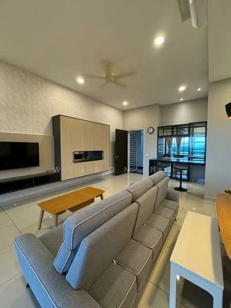 Living features: 3-seater fabric sofa in grey, wooden coffee table, wall-mounted TV, entertainment unit, feature wall with textured finish, recessed downlights, ceiling fan, large windows with natural light, tile flooring, clock on the wall, dining table for 2, open layout; style: modern.