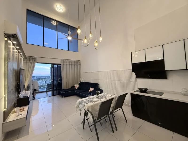 Living features: sofa in navy blue fabric, coffee table, wall-mounted TV, TV console, dining table for 4, 4 dining chairs, pendant lighting, 5-blade ceiling fan, floor-to-ceiling windows, sliding glass door, white painted walls, glossy white tile flooring; style: modern; view: city. Kitchen features: black cabinetry, white upper cabinets, built-in oven, stainless-steel sink, chrome pull-down faucet, countertop with black finish, backlit feature wall; style: modern.
