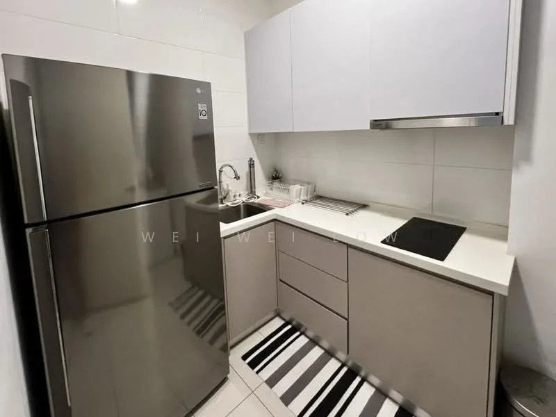 Kitchen features: stainless-steel fridge, single-bowl stainless-steel sink, chrome pull-down faucet, white laminate cabinetry, light grey upper cabinets, white countertop, built-in induction hob, tile backsplash, striped area rug, recessed downlights, white tiled flooring; style: modern.
