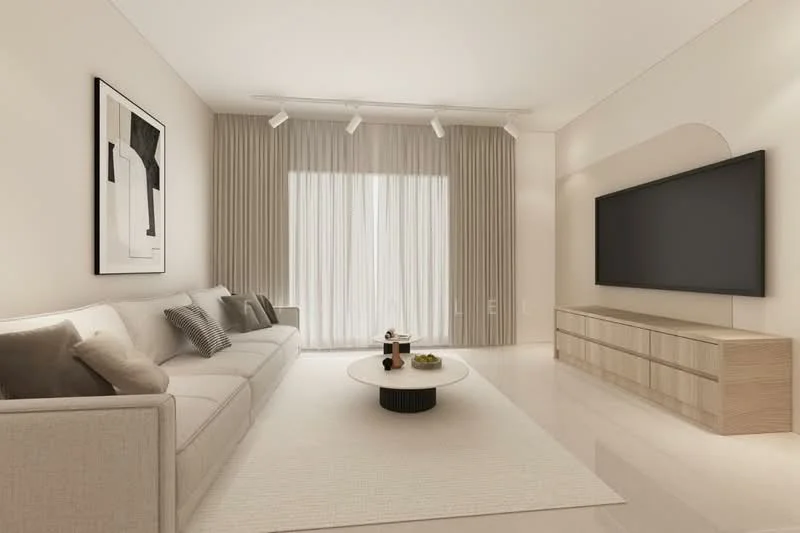 Living features: 3-seater fabric sofa in light beige, coffee table with round top, area rug in light color, wall-mounted TV, media console with wood finish, floor-to-ceiling windows, sheer curtains, recessed downlights, decorative artwork on wall, light-colored walls, polished tile flooring; style: modern.