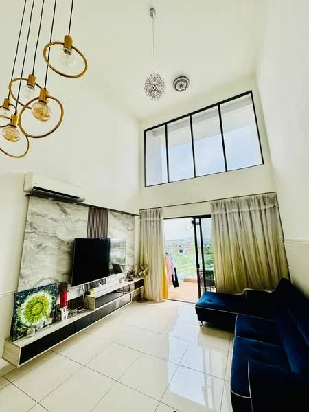 Living features: sofa in navy blue, wall-mounted TV, TV console with storage, large floor-to-ceiling windows, sheer curtains, dropped ceiling with pendant lights, marble feature wall, white painted walls, glossy tile flooring, air conditioning unit; style: modern; view: city.