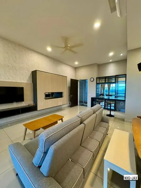 Living features: 3-seater fabric sofa in grey, wooden coffee table, wall-mounted TV, TV console with storage, light grey accent wall, recessed downlights, ceiling fan, large windows, tile flooring, decorative wall clock, open shelving unit, glass-front cabinetry; style: modern.