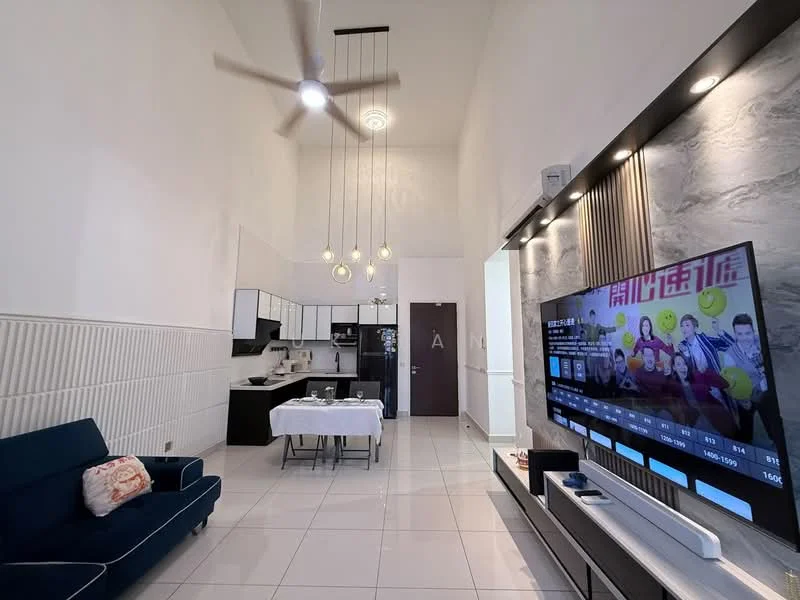 Living features: 5-blade ceiling fan with light, wall-mounted TV, TV console, sofa in navy blue, decorative cushion, pendant lighting, white tiled flooring, high ceiling, recessed downlights, open-plan layout with kitchen, feature wall with stone cladding, dining table with white tablecloth; style: modern. Kitchen features: black cabinetry, stainless-steel appliances, open layout to living area; style: modern.