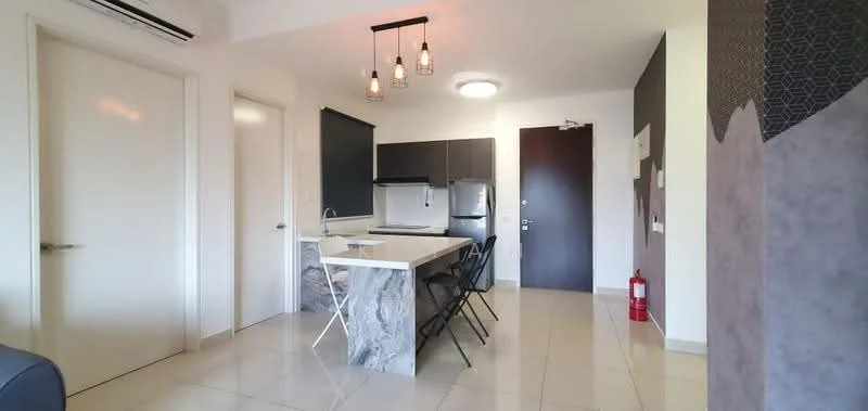Kitchen features: white painted walls, grey accent wall, marble countertop, stainless-steel fridge, built-in cabinets, 4 high-back dining chairs, pendant lighting, recessed ceiling light, tile flooring; style: modern.