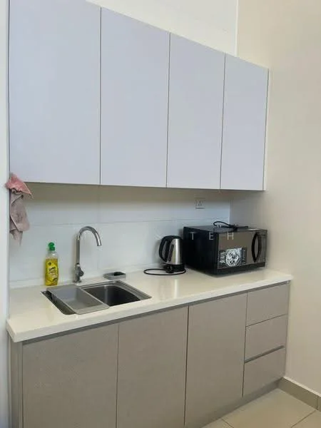 Kitchen features: white upper cabinets, grey lower cabinets, double-bowl stainless-steel sink, chrome pull-down faucet, white countertop, built-in microwave, kettle, dish soap, tile backsplash, ceramic tile flooring; style: modern.