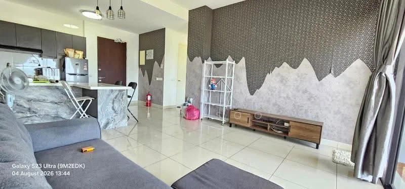 Living features: grey fabric sofa, coffee table, TV console, wall-mounted TV, decorative wall with mountain pattern, cream painted walls, tile flooring, floor-to-ceiling window with curtain, open kitchen area with bar counter, refrigerator, kitchen cabinets; style: modern.