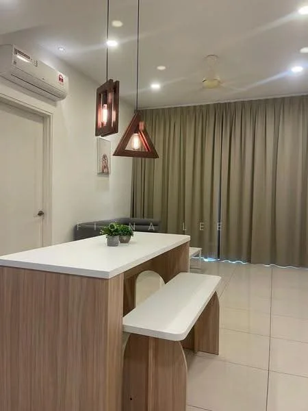 Dining features: white countertop, wooden dining bench, pendant lighting with triangular design, wall-mounted split AC, cream curtains, light-colored tiled flooring, decorative plant on table, neutral wall color; style: modern.