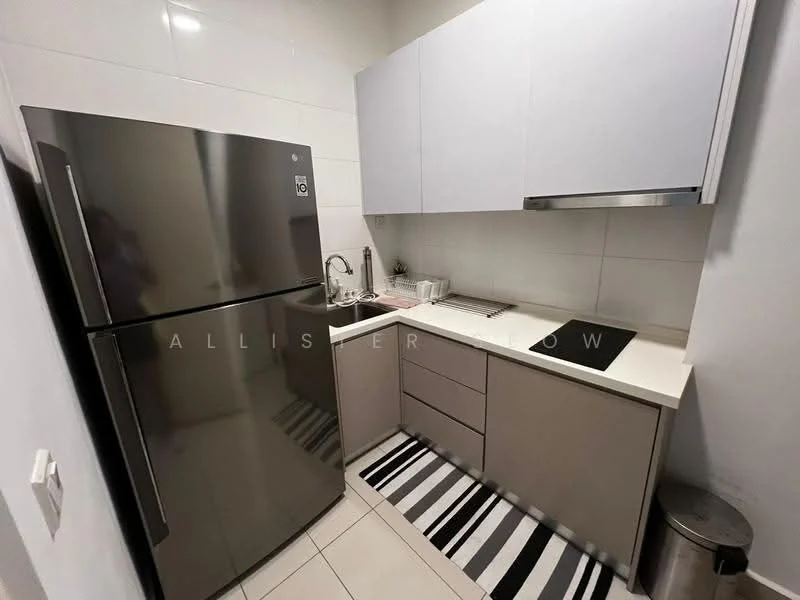Kitchen features: stainless-steel fridge, single-bowl stainless-steel sink, chrome pull-down faucet, white laminate cabinetry, grey lower cabinets, white upper cabinets, ceramic tile backsplash, black induction hob, countertop with integrated sink, striped area rug, waste bin, wall-mounted storage; style: modern.