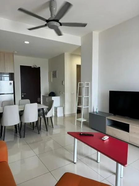 Living features: 3-seater orange fabric sofa, white coffee table, TV console, wall-mounted TV, ceiling fan, recessed downlights, tile flooring, neutral painted walls, decorative ladder shelf, dining table with 4 chairs; style: modern.