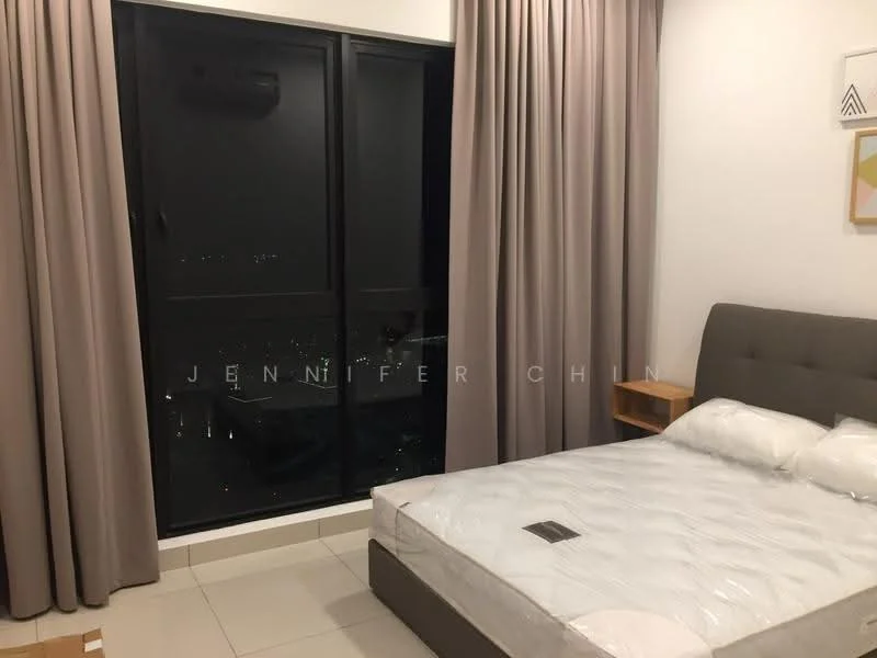 Bedroom features: queen-size bed, upholstered headboard, floor-to-ceiling windows, sheer curtains, blackout curtains, light grey painted walls, tile flooring, air conditioning unit, decorative wall art, nightstand, city view; style: modern; view: city.