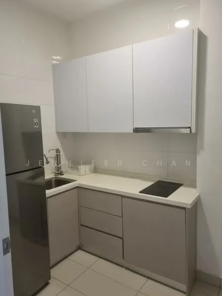 Kitchen features: white upper cabinets, beige lower cabinets, white countertop, single-bowl stainless-steel sink, chrome pull-down faucet, built-in electric cooktop, stainless-steel fridge, tile backsplash, light-colored tile flooring, recessed lighting; style: modern.