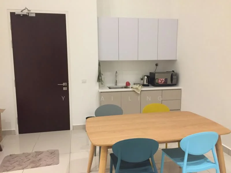 Dining features: wood dining table, 4 blue chairs, 2 yellow chairs, white cabinetry, stainless-steel sink, chrome faucet, microwave, black appliance, white tiled backsplash, white walls, white floor tiles, door with dark wood finish; style: modern.