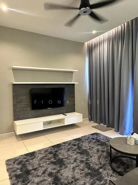 Living features: grey painted walls, white floating shelf, wall-mounted TV, grey stone feature wall, white TV console, grey area rug, black coffee table, floor-to-ceiling curtains, ceiling fan with light, recessed downlights, tile flooring; style: modern.