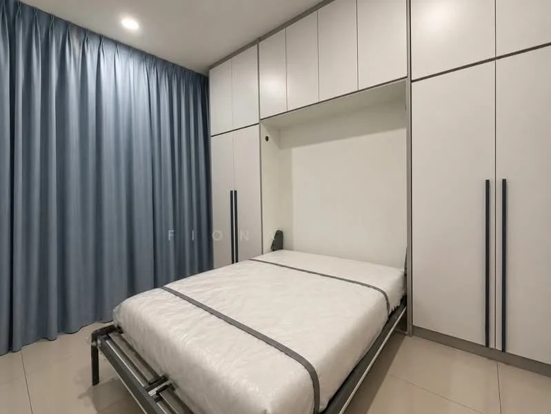 Bedroom features: queen-size bed with white bedding, built-in wardrobe with white cabinetry, blue curtain, wall-mounted light fixture, grey flooring, minimalist design, integrated shelving, neutral wall color; style: modern.