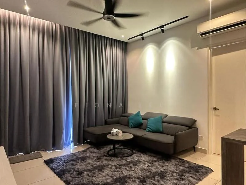 Living features: 3-seater fabric sofa in grey, 2 accent cushions in teal, round coffee table, area rug with plush texture, floor-to-ceiling curtains in dark grey, recessed downlights, wall-mounted split AC, light-coloured wall, tiled flooring; style: modern.