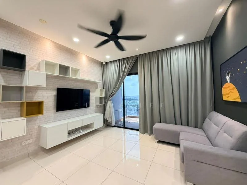 Living features: grey fabric sofa, white TV console, wall-mounted TV, floating shelves, white wall with brick pattern, large sliding glass door, floor-to-ceiling curtains, recessed downlights, 5-blade ceiling fan, glossy tile flooring; style: modern; view: city.