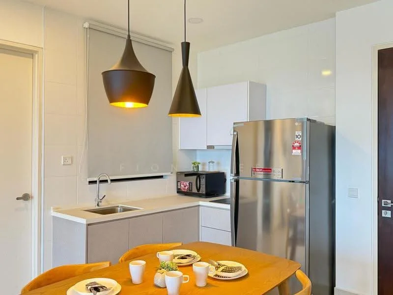 Kitchen features: single-bowl stainless-steel sink, chrome pull-down faucet, grey countertop, white cabinetry, stainless-steel fridge, built-in microwave, black countertop, pendant light fixture, dining table with four chairs, decorative plant on table, tableware including plates and cups; style: modern.