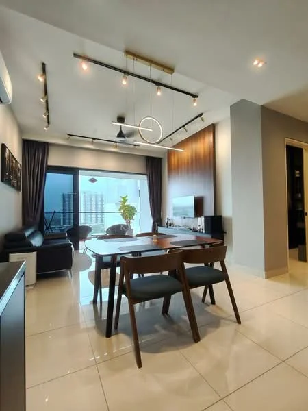 Dining features: dining table with 4 chairs, pendant light fixture, recessed LED downlights, floor-to-ceiling windows, grey curtains, wooden flooring, wall-mounted TV, decorative plant, black leather sofa, feature wall with wood paneling, white tiled flooring; style: modern; view: city.