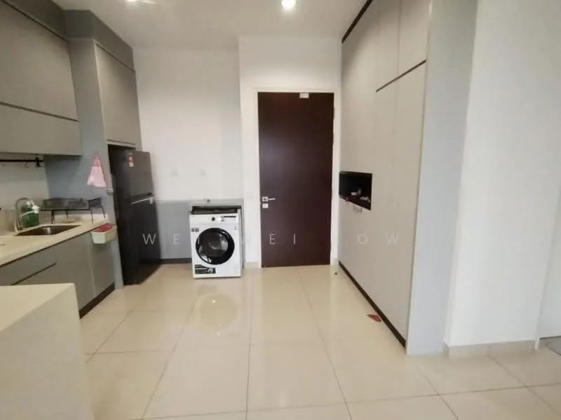 Kitchen features: grey cabinetry, white countertop, stainless-steel sink, chrome pull-down faucet, built-in oven, stainless-steel fridge, front-load washing machine, ceramic tile flooring, recessed downlights, wall-mounted storage, open shelving, neutral wall colour; style: modern.