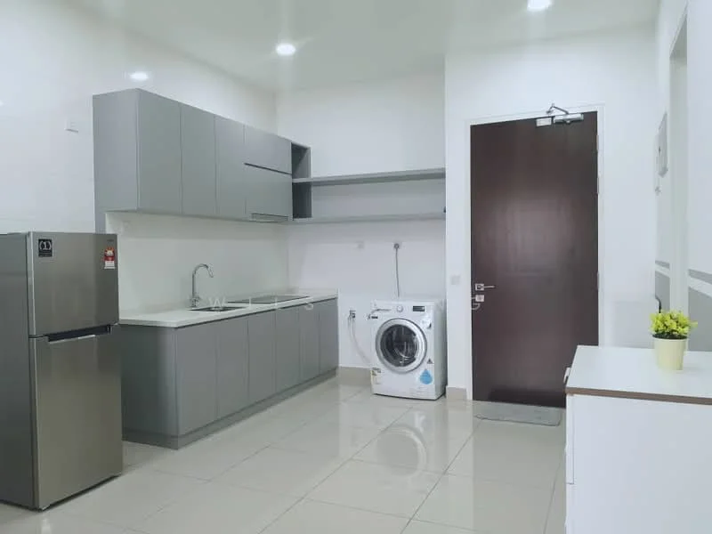 Kitchen features: grey cabinetry, white countertop, double-bowl stainless-steel sink, chrome pull-down faucet, built-in washing machine, stainless-steel fridge, open shelving, tile flooring, recessed LED downlights, white painted walls; style: modern.