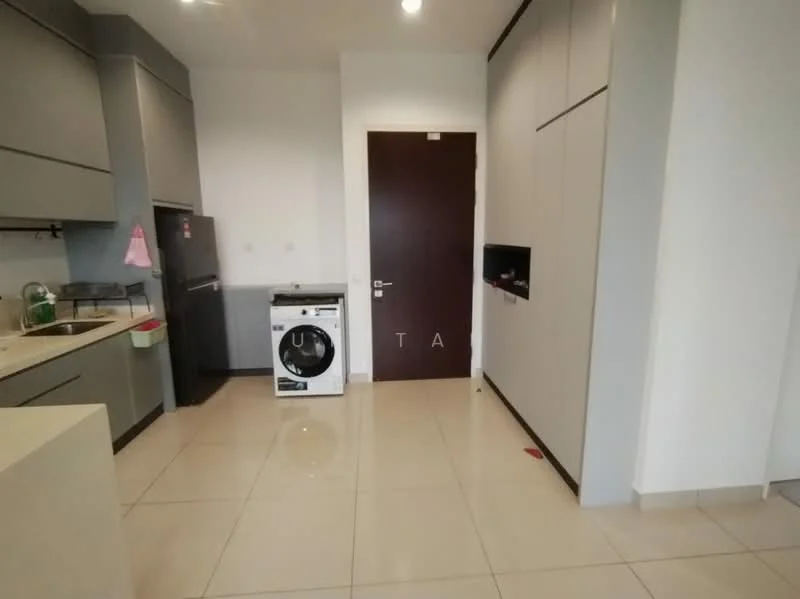 Kitchen features: grey cabinetry, white countertop, stainless-steel sink, built-in oven, fridge, washing machine, ceramic tile flooring, recessed downlights, wall-mounted TV, white walls, door, open shelving; style: modern.