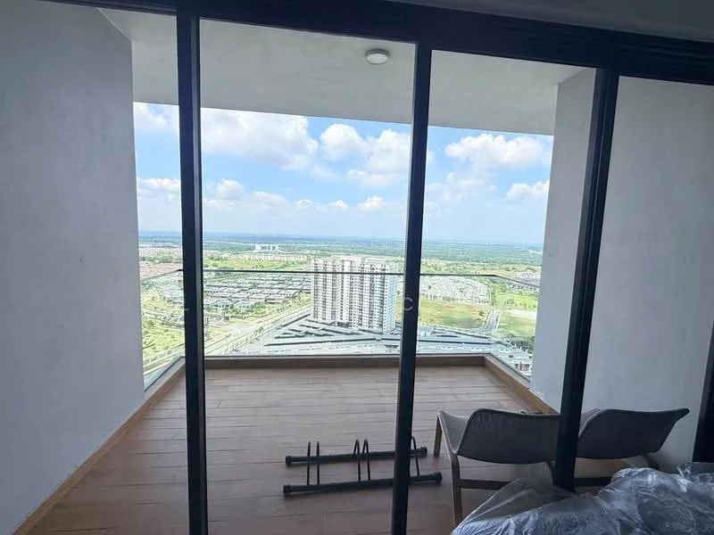 Balcony features: floor-to-ceiling windows, wooden flooring, outdoor seating area with chairs, city skyline view, glass railing, overhead lighting; style: modern; view: city.